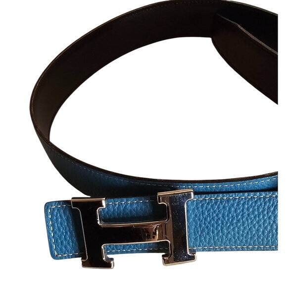 Hermès H-belt reversible black and blue jean Togo box calf leather strap - Picture 6 of 12